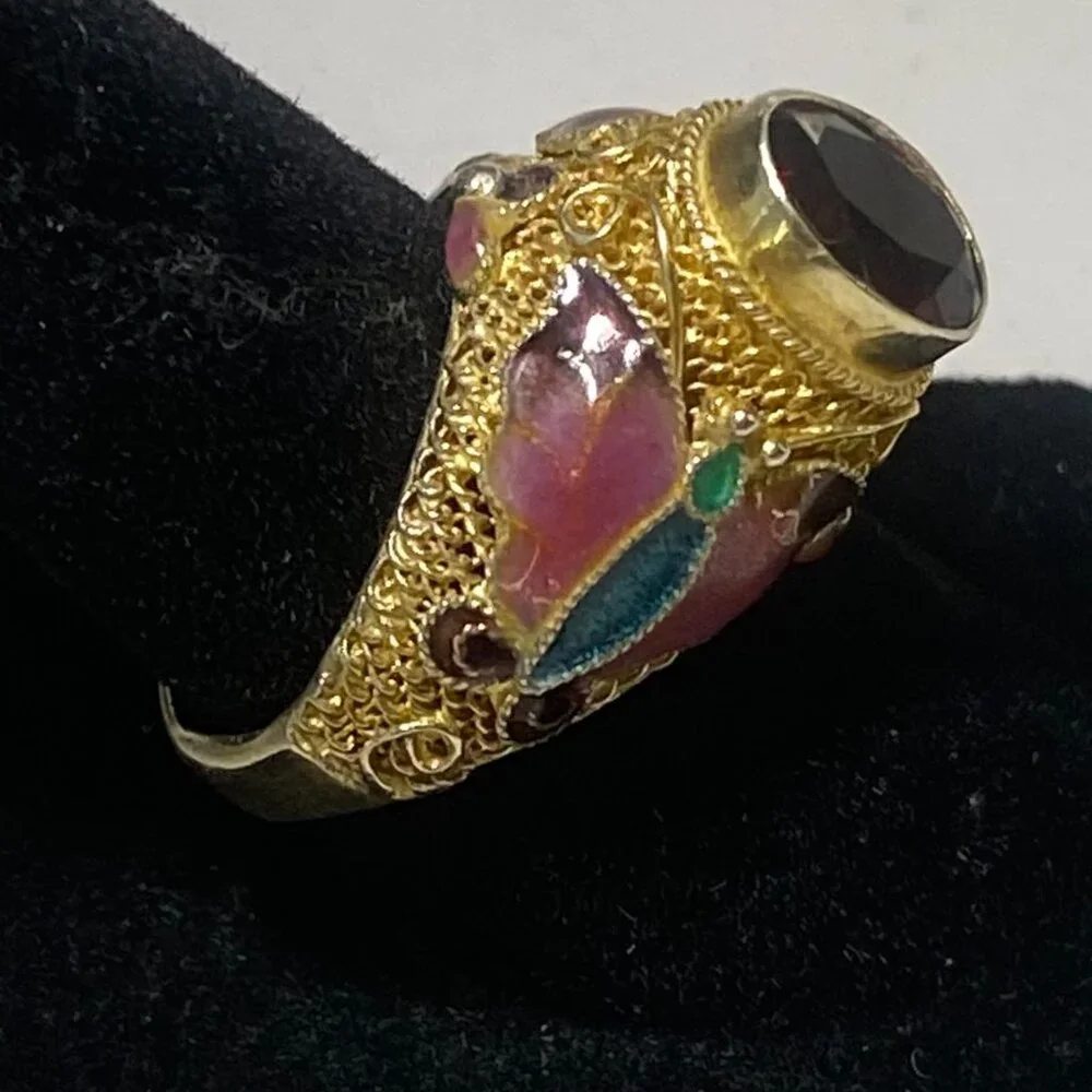 Barbara Garwood Garnet  Ring Collectable Mongolian Art 14K over Silver